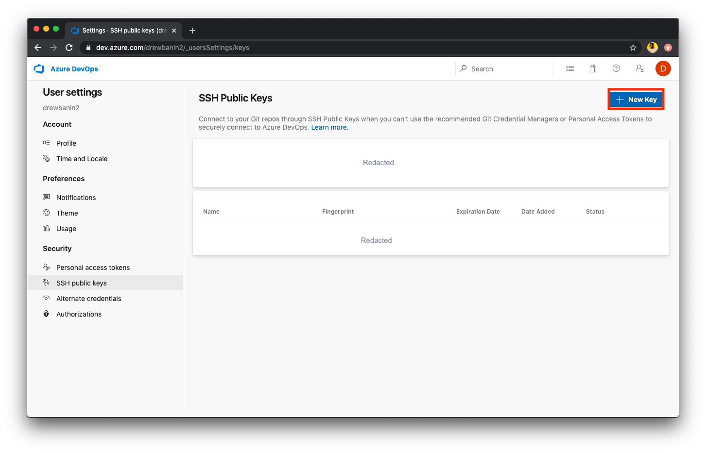 Click the '+ New Key' button to create a new SSH key for the repository.